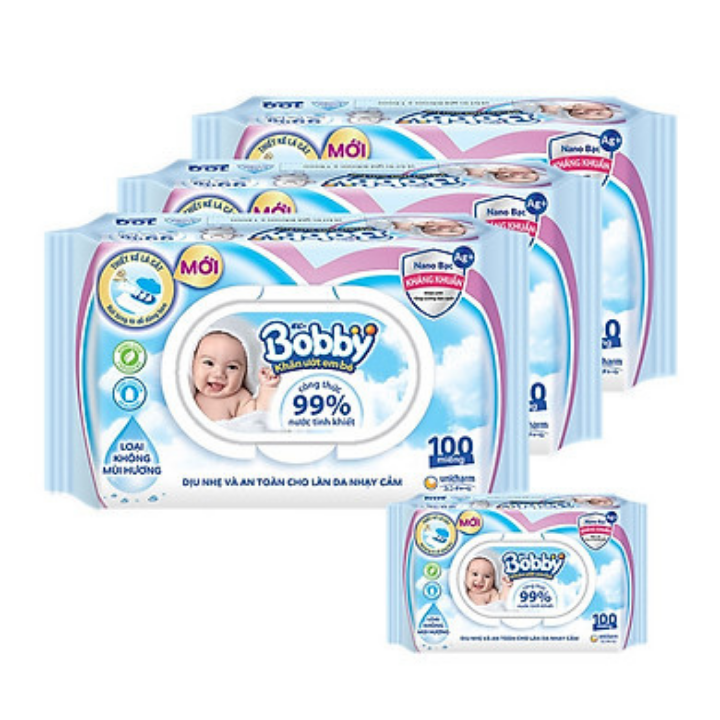 Combo 4 khăn giấy ướt bobby không mùi 100 miếng mẫu mới