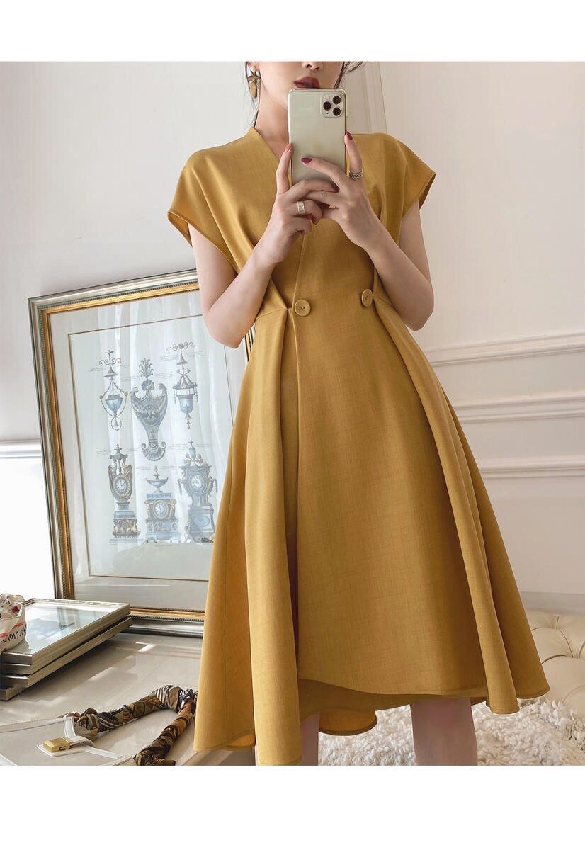 Váy Đầm Cổ Tim Vạt Chồng Dáng Xòe Hàn Quốc Màu Xanh Bạc Hà/ Vàng Amors V019  Đẹp Chuẩn Form | Lazada.Vn