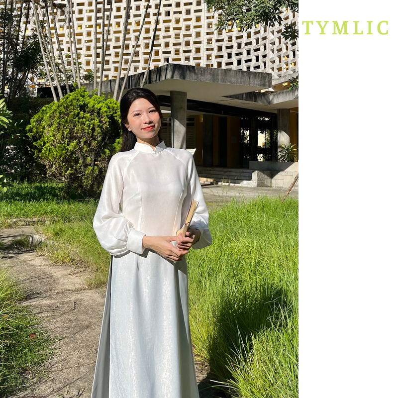 Áo Dài Lụa Tay Phồng Nút Ngọc Màu Trắng TYMLIC (Không kèm quần)