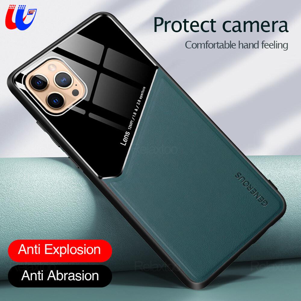 For iphone 12 pro max 5G Leather texture Magnetic Car tempered glass protect camera lens for iPhone 12 11 pro max 7 8 Plus x xr xs 12 mini max full coverage back cover silicone shockproof anti-scratch coque