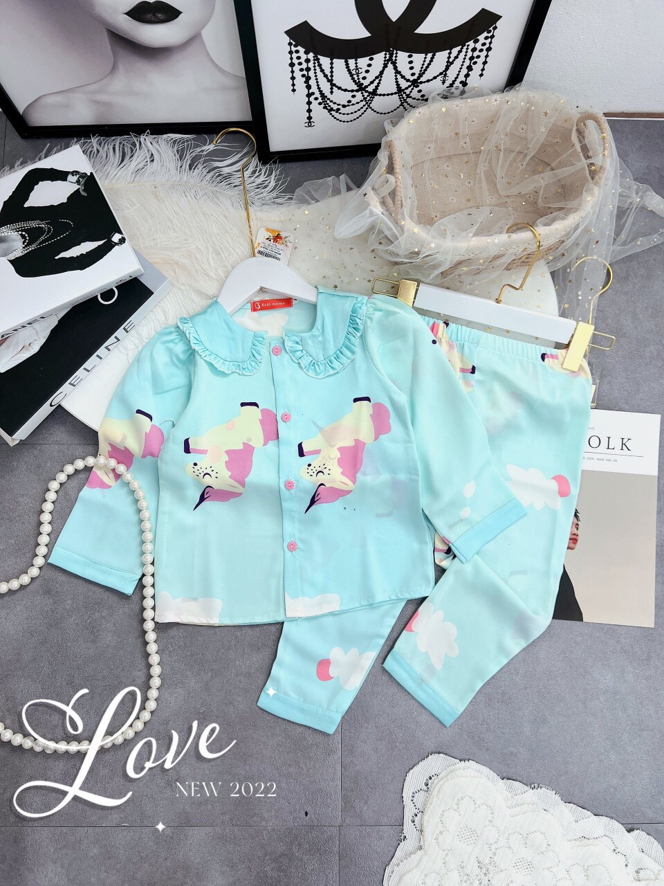 Bộ Ngủ Pijama Lụa Mango Dài Tay cổ bèo cho bé gái