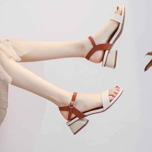 ( ẢNH THẬT + VIDEO) DÉP CAO GÓT PHỐI MÀU QUAI NÂU ĐẾ VUÔNG 3P HÀN QUỐC, LEVERMART