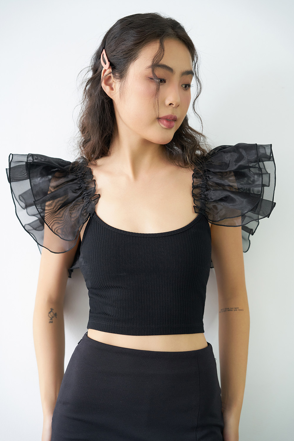Dottie - áo phối vải tay cánh tiên - đen - t0707