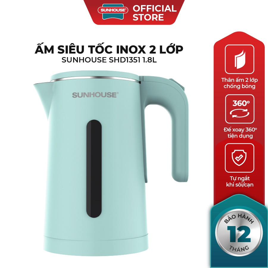 Ấm siêu tốc. Bình đun siêu tốc cao cấp inox 2 lớp 1.8L Sunhouse SHD1351, bảo hành toàn quốc 12 tháng