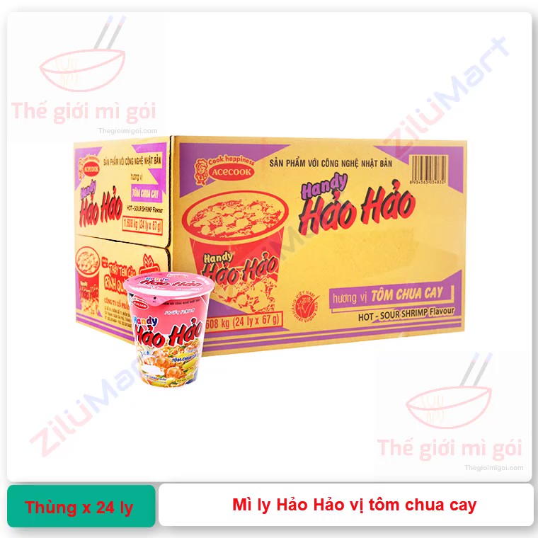 Mì Hảo Hảo Handy tôm chua cay (thùng 24 ly) loại 67g