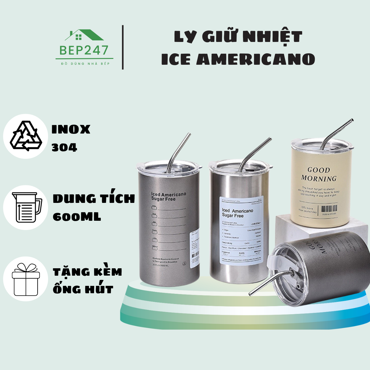 Ly Giữ Nhiệt Iced Americano Inox 304 Thể Tích 600ml - Cốc Nước Giữ Nhiệt Có Ống Hút Tiện Lợi