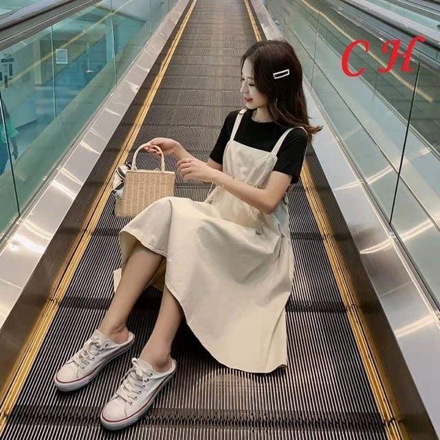 [HCM]Combo Yếm Váy Trơn 2 Dây Chun Eo Và Áo Thun Đen Ulzzang