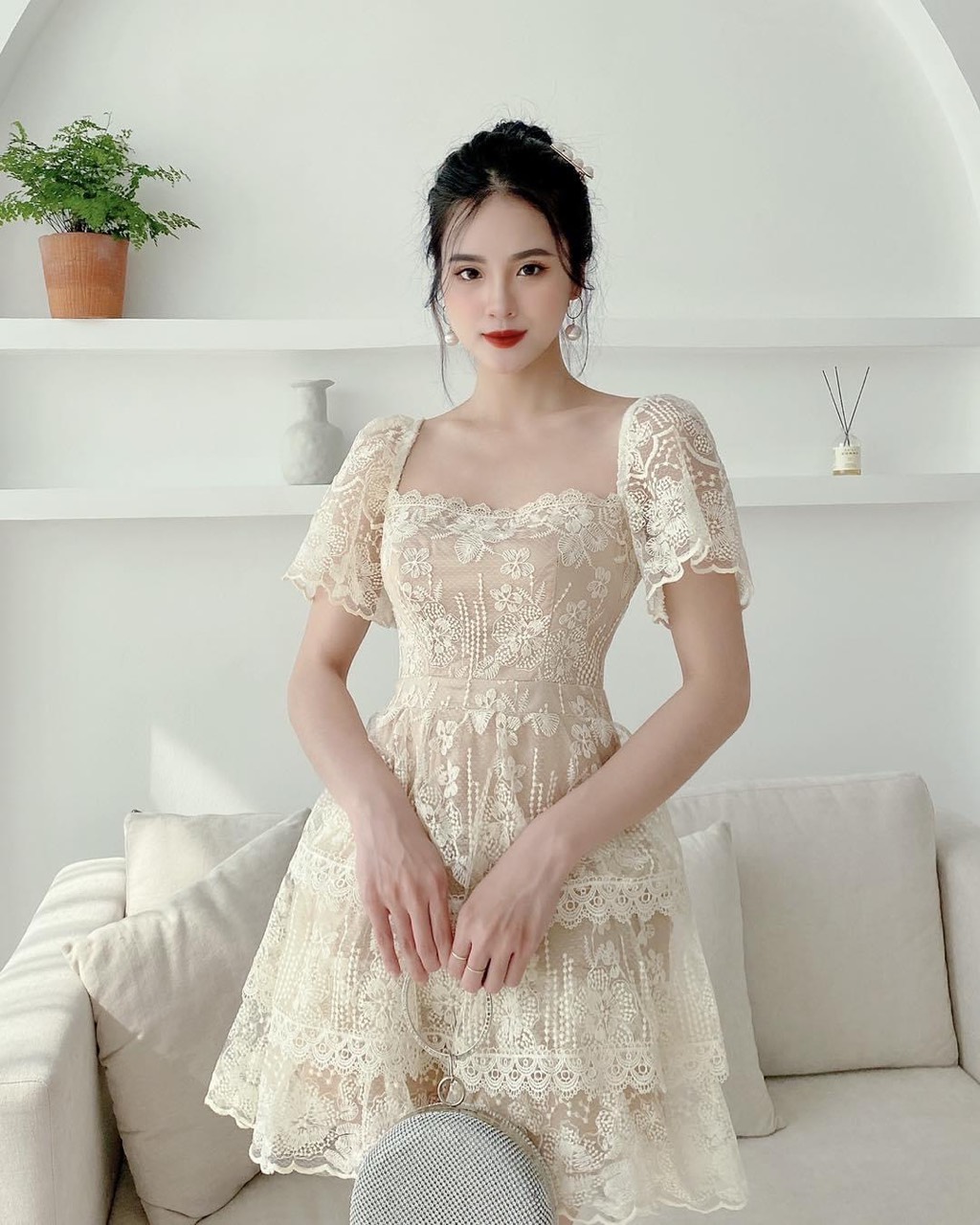 Mua đi chờ chi - đầm ren tay ngắn cổ vuông ôm eo đầm tầng cực xinh đẹp nữ tính đi chơi dự tiệc cưới up shop hhp