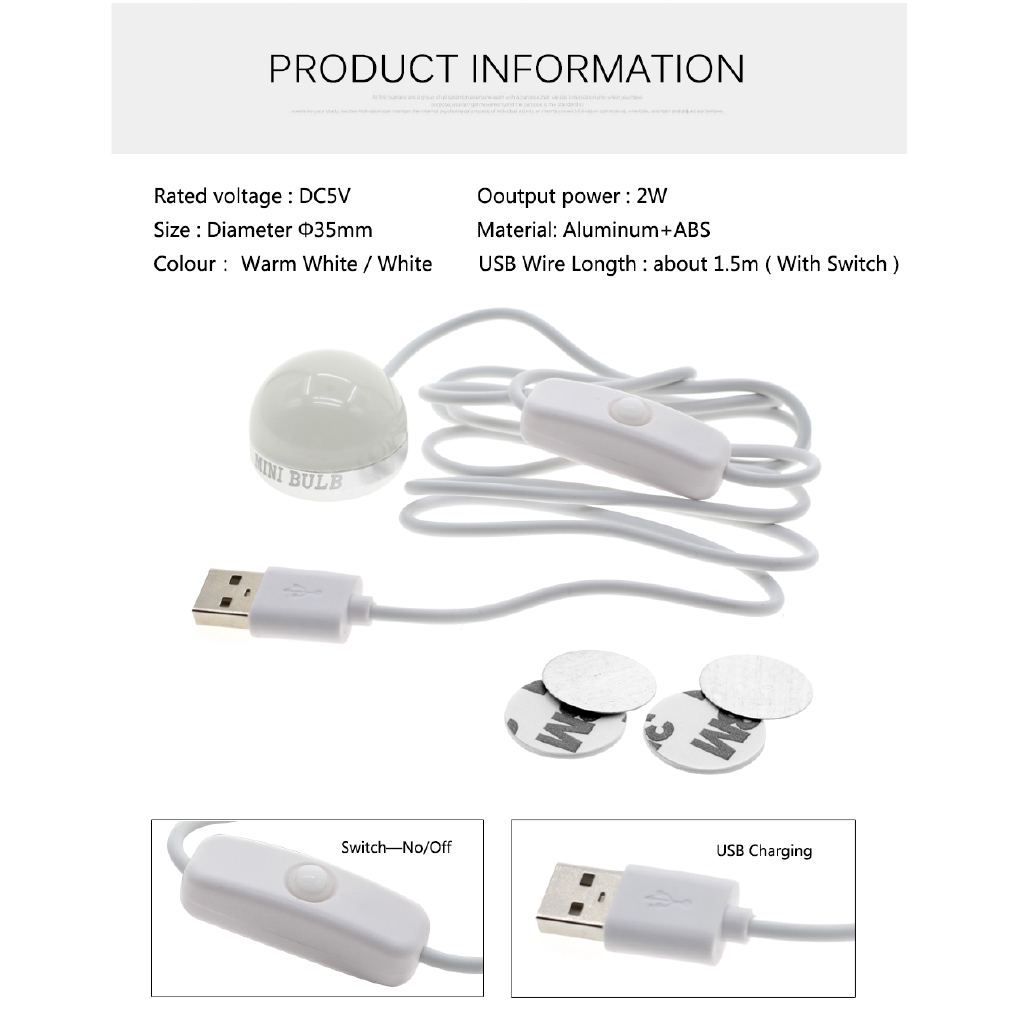 Mini LED Bulb 2W 5V USB Night Light Reading Lamp with Switch Desk Table Lamp Books Lights