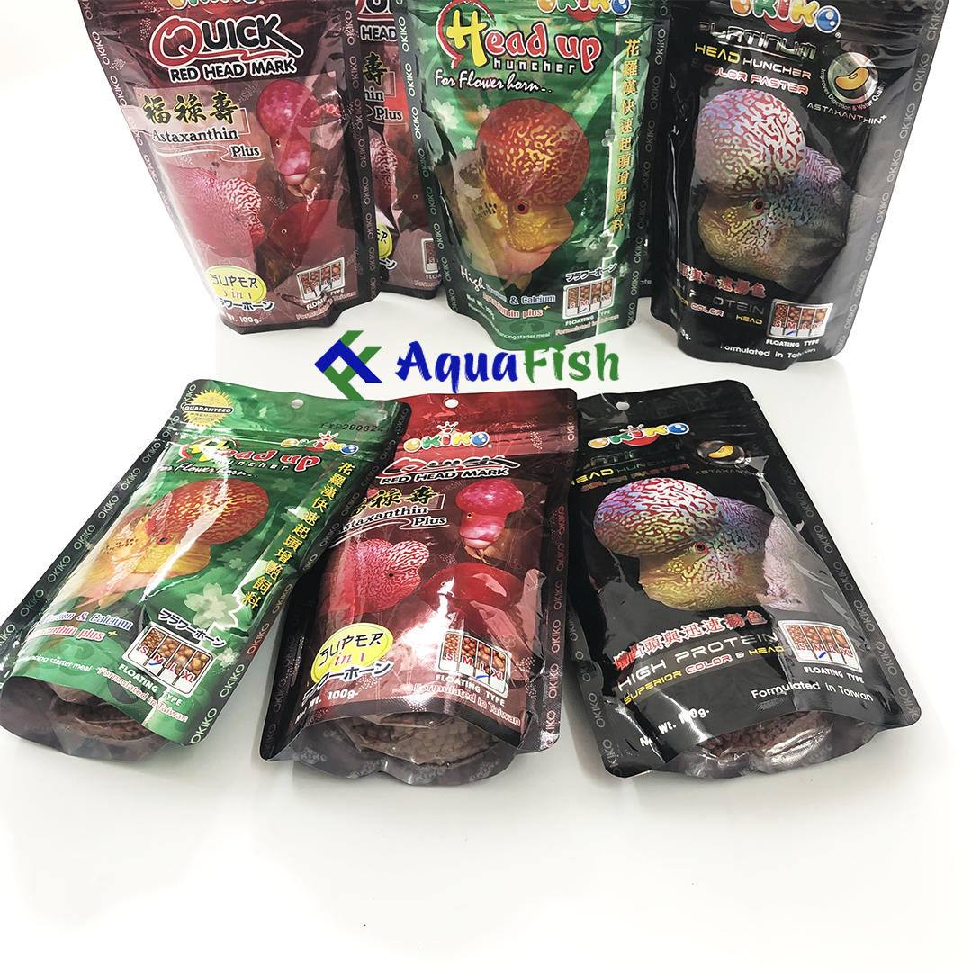 Thức ăn cho cá La Hán Okiko 100g giúp cá nhanh lớn, phát triển đầu và lên màu sắc đẹp
