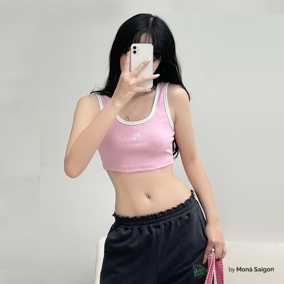 [VOUCHER 12%/149K] Áo croptop thun gân MONÁ - KABI XÁM/HỒNG NHẠT