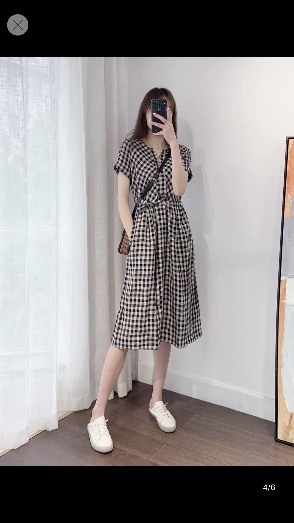 ĐẦM SUÔNG CARO THẮT EO DÁNG DÀI
