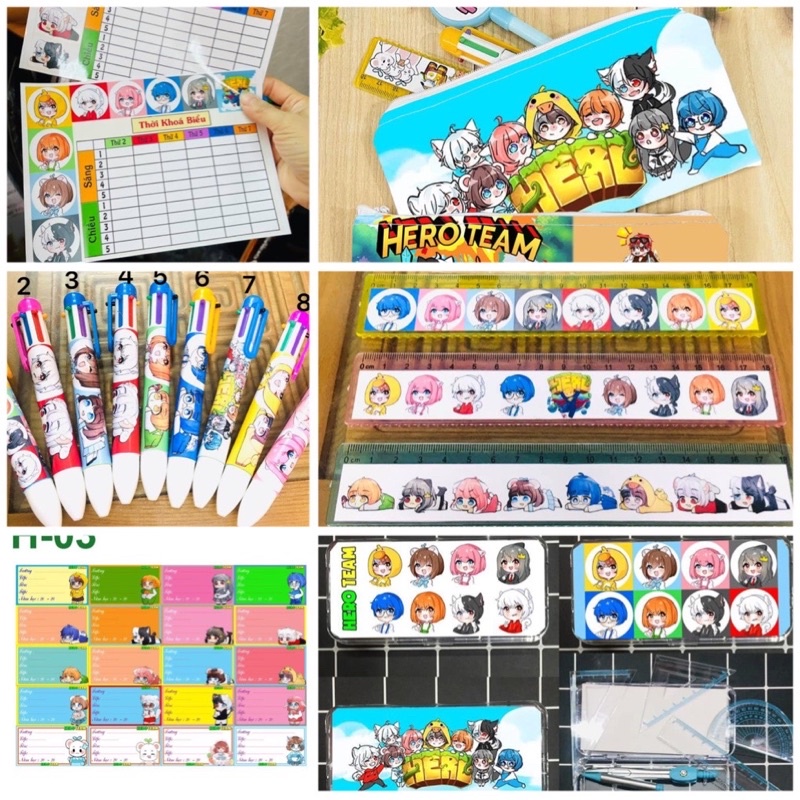 Đồ dùng học tập hero team 25 món / Combo 25 sảnphaame hero team bút bộ compa thước kẻ nhãn gở ví bút