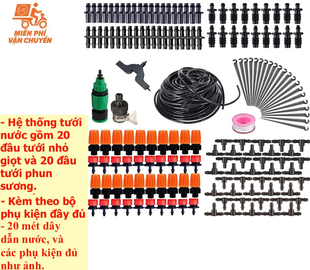 Combo hệ thống tưới nước, bộ tưới cây tiện lợi gồm 20 đầu tưới nhỏ giọt và 20 đầu tưới phun sương , 20m dây dẫn nước, và đầy đủ phụ kiện khác kèm theo, phù hợp với các vườn rau, vườn hoa, giúp tiết kiệm thời gian công sức chăm sóc cây cối.