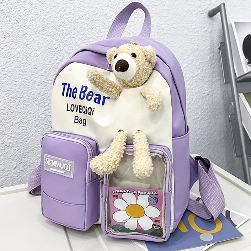 Balo vải dù mềm chống thấm nước kem gấu cho bé đi học mầm non size 24cm
