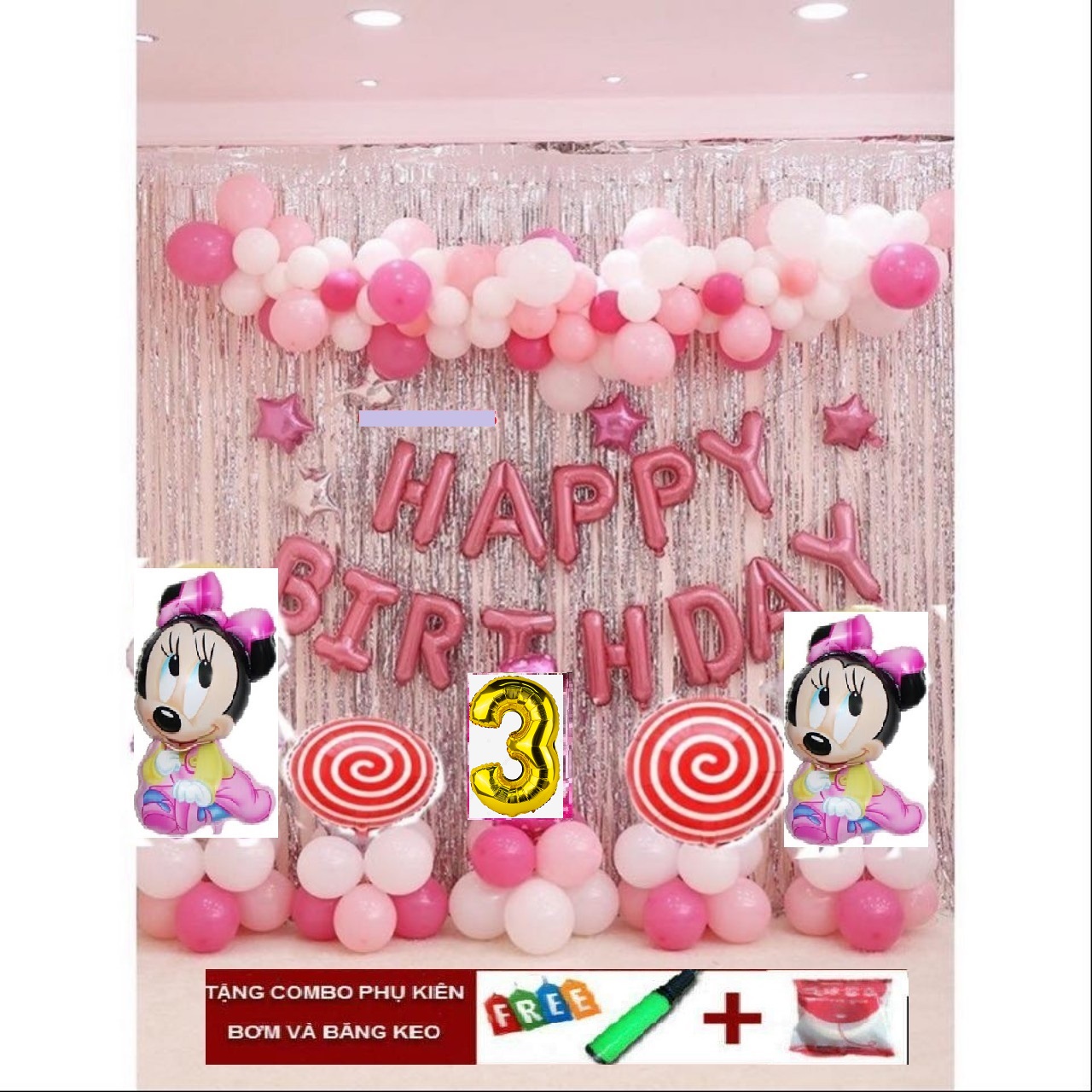 Bộ Bóng Trang Trí Sinh Nhật cho bé 1 tuổi/ 2 tuổi/ 3 tuổi kèm bóng hình con vật+2 Rèm Kim Tuyến+ Bóng Nhũ tặng bơm keo