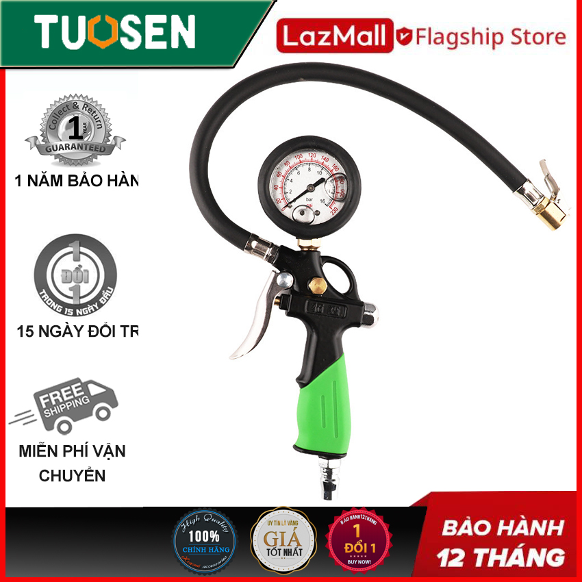 S.úng Bơm Lốp ô tô xe máy có đồng hồ đo áp suất TUOSEN; Bộ Vòi bơm lốp xe ô tô, xe máy, kiêm Đồng hồ kiểm tra áp suất lốp Tuosen