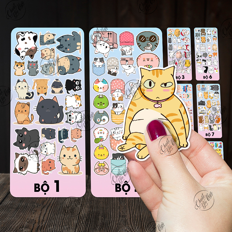 Bộ sticker con mèo dễ thương trang trí nón bảo hiểm laptop chất liệu chống thấm nước