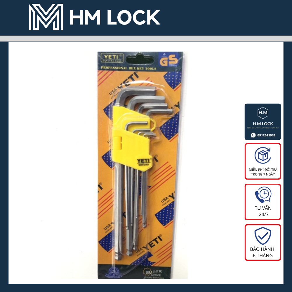 Bộ lục giác bi yeti 9 cây 1.5 - 10mm - thép cr-v không gỉ cao cấp - hm lock - hm lock
