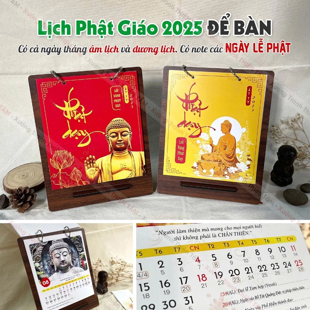 Lịch Phật Giáo 2025 đế gỗ độc đáo, sắc nét