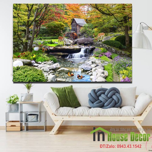 Tranh dán tường 3D thác nước trang trí phòng khách MS33 (Kích thước 90x60)