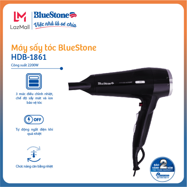 Máy sấy tóc BlueStone HDB-1861- Công suất 2200W- 2 tốc độ sấy, 2 mức nhiệt - Thiết kế màu đen sang trọng - Hàng chính hãng