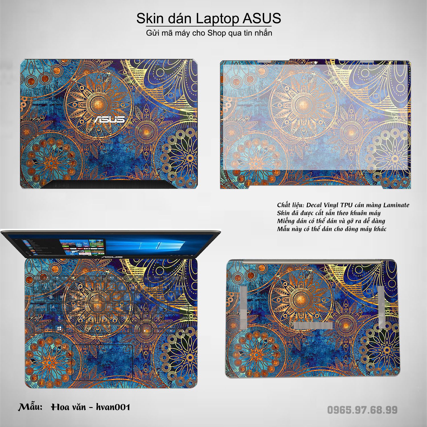 Decal Skin dán Laptop Asus mẫu Hoa văn (inbox mã máy cho shop)