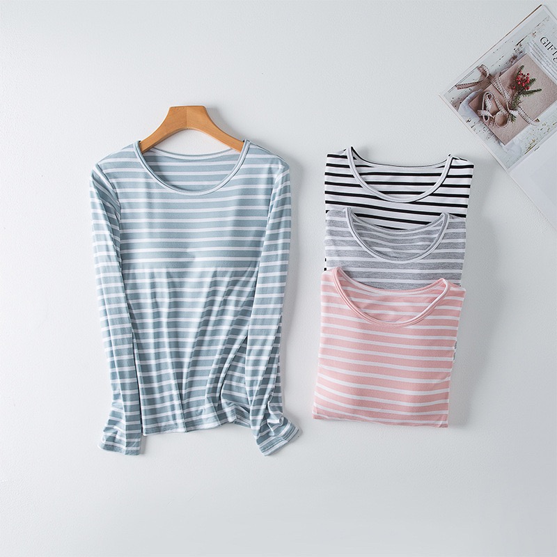 Áo cotton cổ tròn kẻ có lót ngực