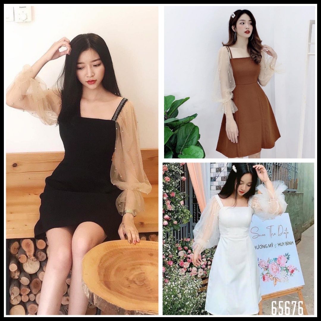 Đầm xòe cổ vuông tay lưới đính ngọc siêu xinh size từ 40-70kg