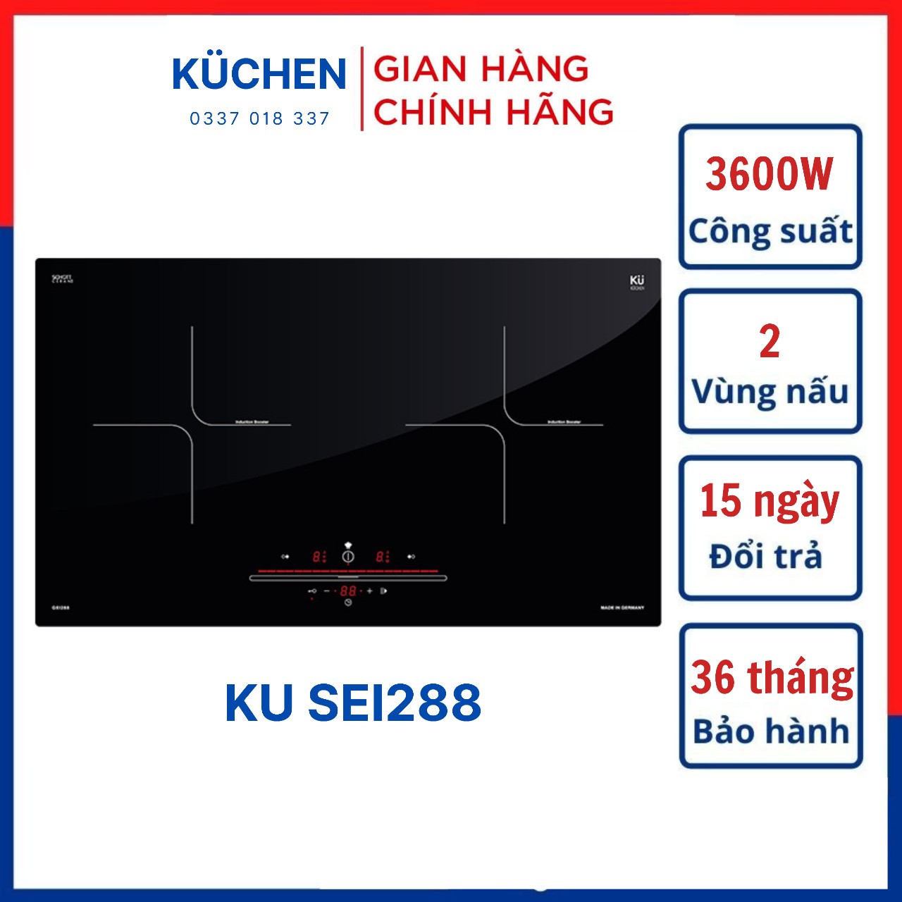Bếp điện từ kuchen 2 ngăn ku sei288, thương hiệu kuchen đức, nhập khẩu tây ban nha, bảo hành chính hãng 36 tháng, miễn phí giao hàng và lắp đặt
