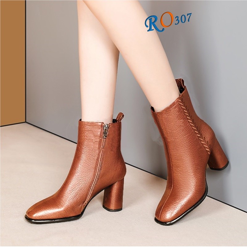 Giày bốt nữ thời trang cao cấp đen & da bò RO307