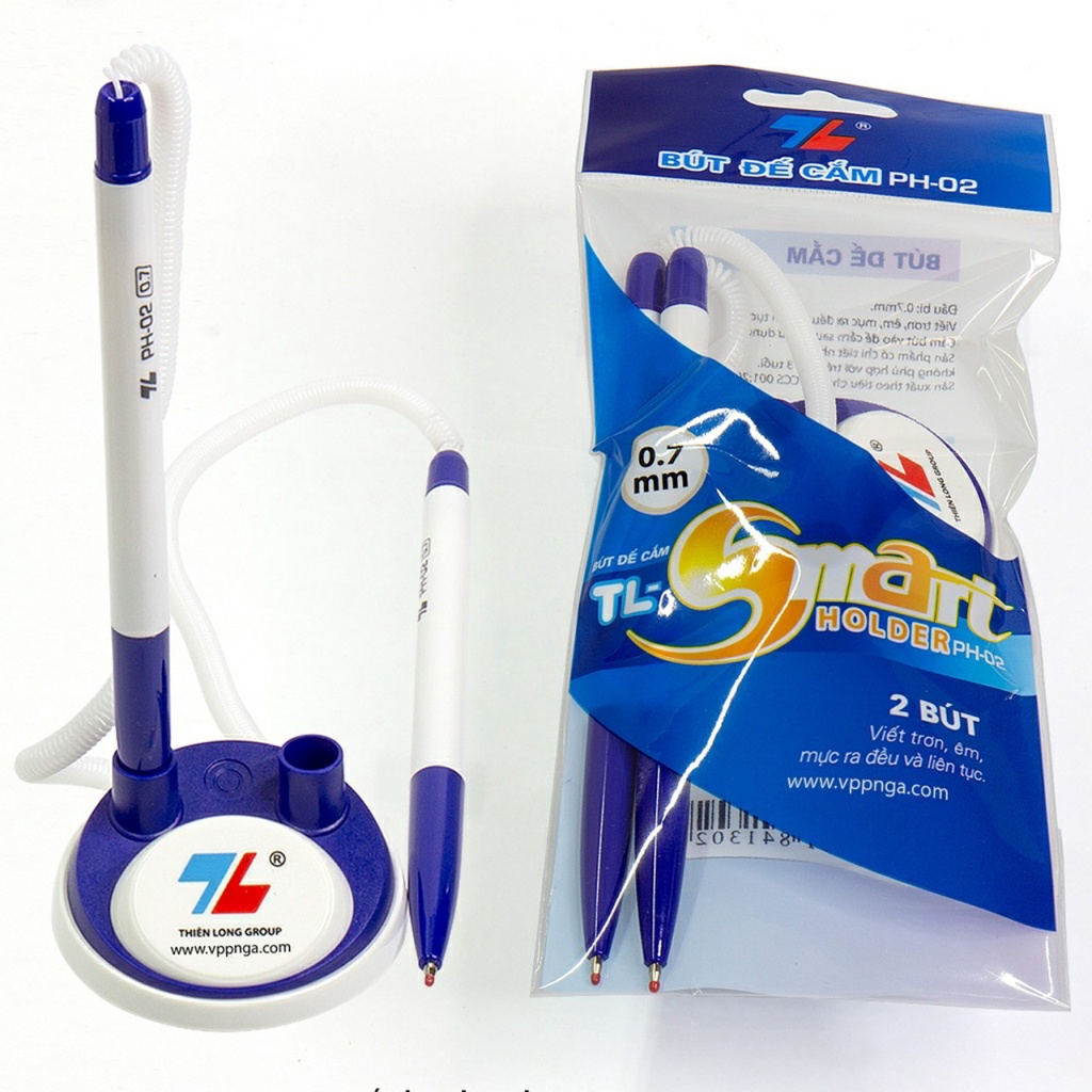 [HCM]Bút bộ 2 cây có đế cắm bàn làm việc trong văn phòng có dây lò xo cố định mực xanh (PH-02) chính hãng Thiên Long