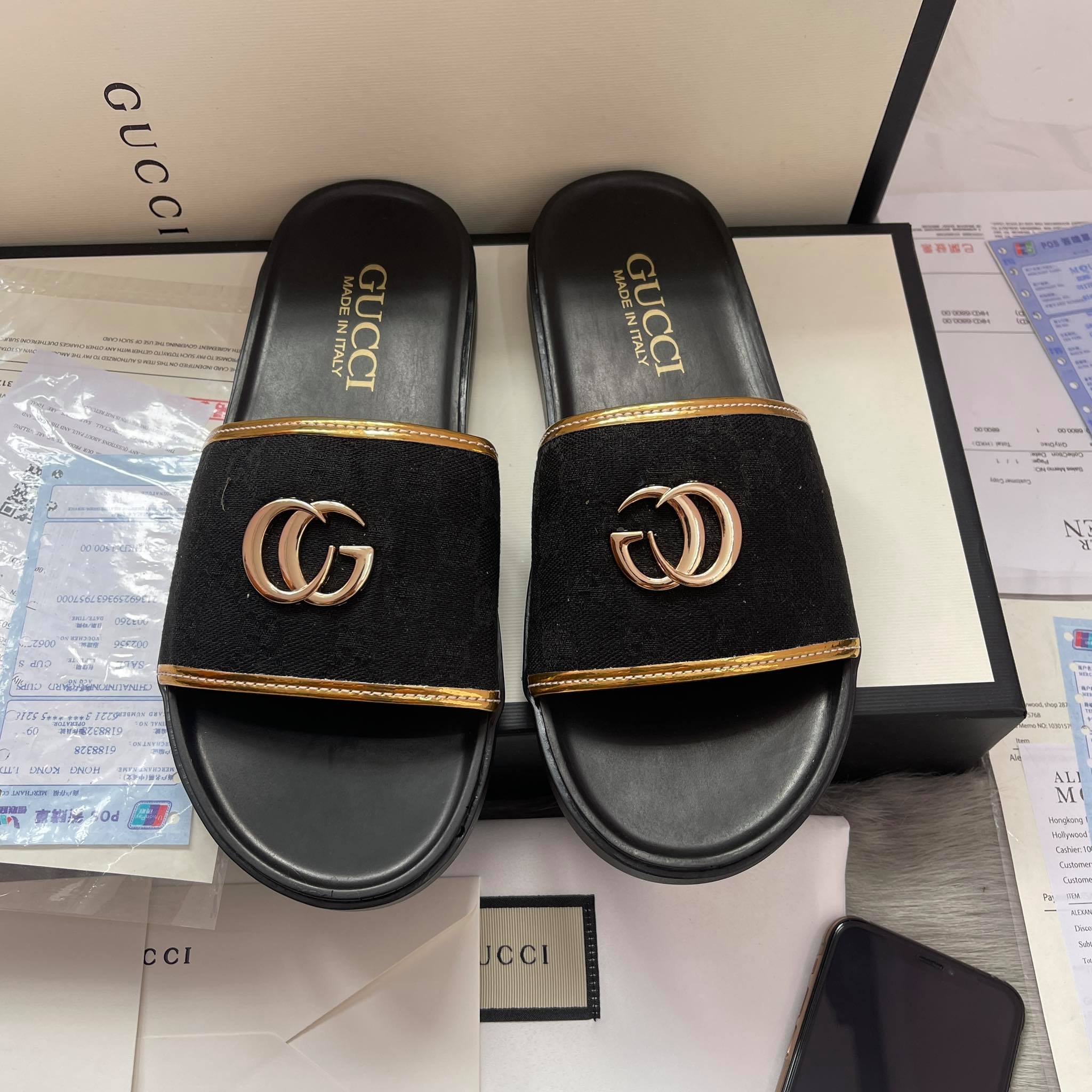 Dép lê đế hộp GG ngang đen nam