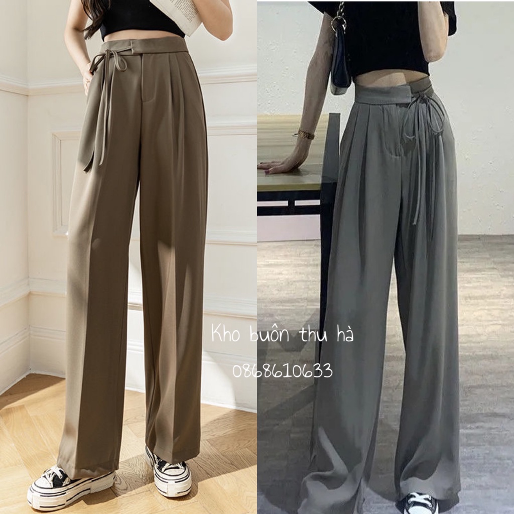 Quần ống rộng nữ lưng cao thắt dây nơ 1 bên quần culottes ống suông công sở dáng dài nhiều màu mặc đi học làm