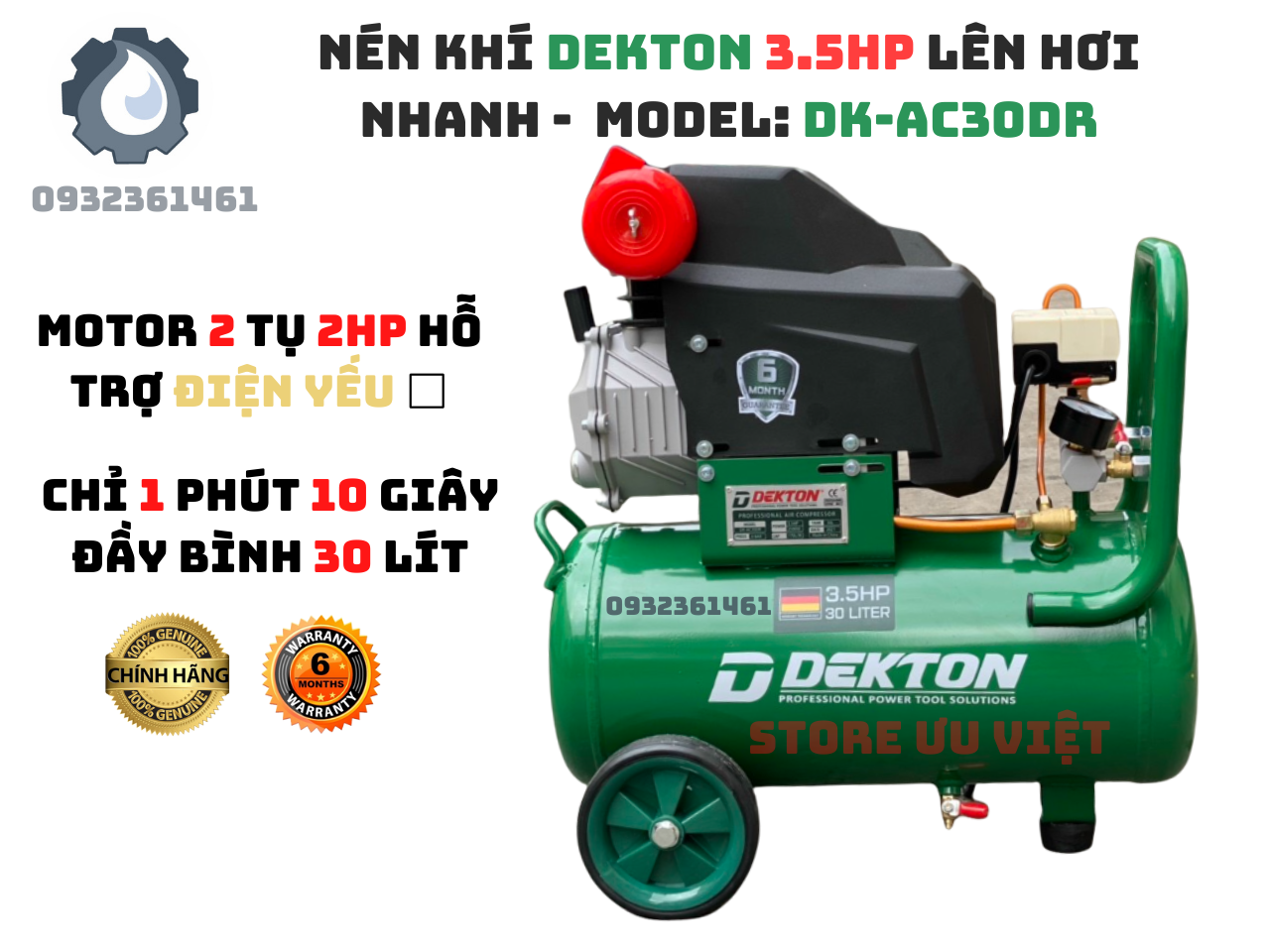 Nén khí Dekton 3.5Hp 30l bình 30 lít lên hơi nhanh Motor 2 tụ hỗ trợ điện yếu Model: DK-AC30DR