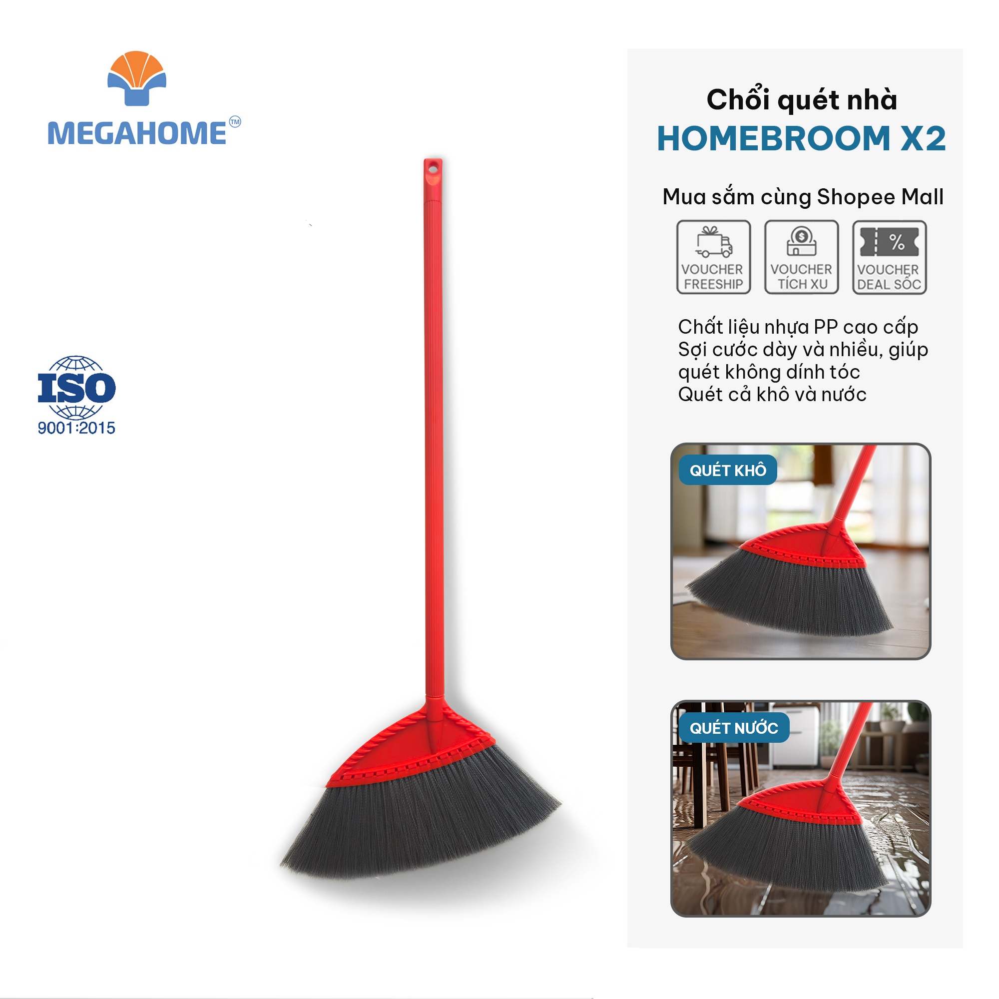 Chổi quét nhà Megahome Homebroom X2  thân chổi nhựa ,lông chổi mềm mại