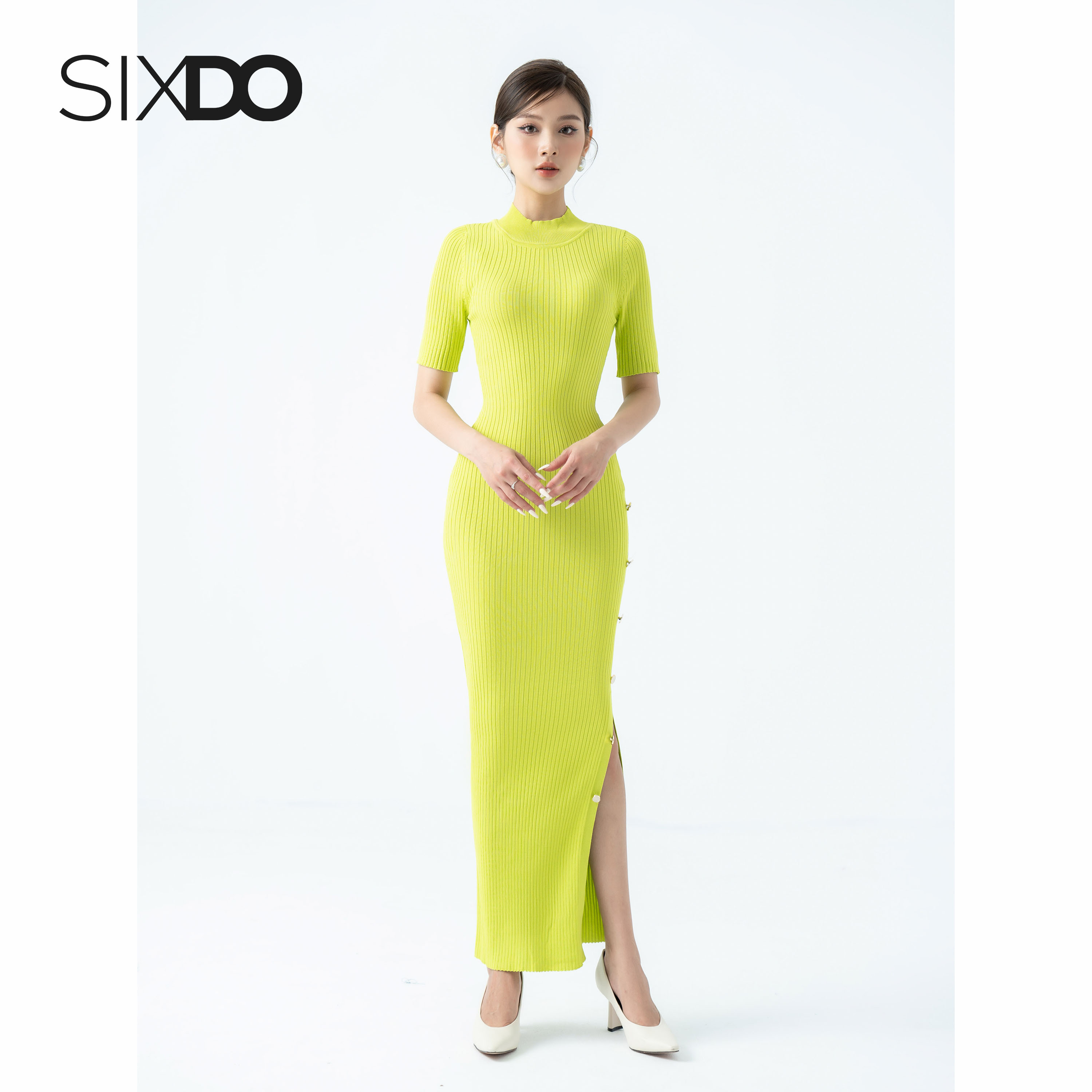 Đầm len dáng ôm xẻ tà phối cúc thời trang SIXDO (Split-side Midi Knit Dress)