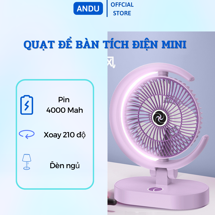 Quạt Để Bàn Tích Điện Mini 4 Cấp Độ Gió, Kèm đèn