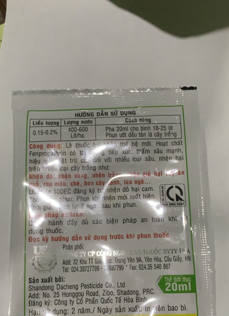 Sản phẩm vua diệt nhện đỏ , trắng gói 20ml pha 25 lít