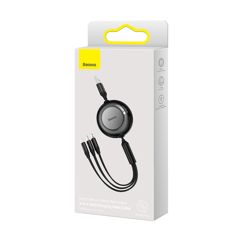 Baseus 3-in-1 Type C USB Cable Retractable Fast Charging Data Cable USB to M+L+C 3.5A 1.1m for iPhone  14 13 12 Pro Huawei Xiaomi Samsung Micro USB C Cord