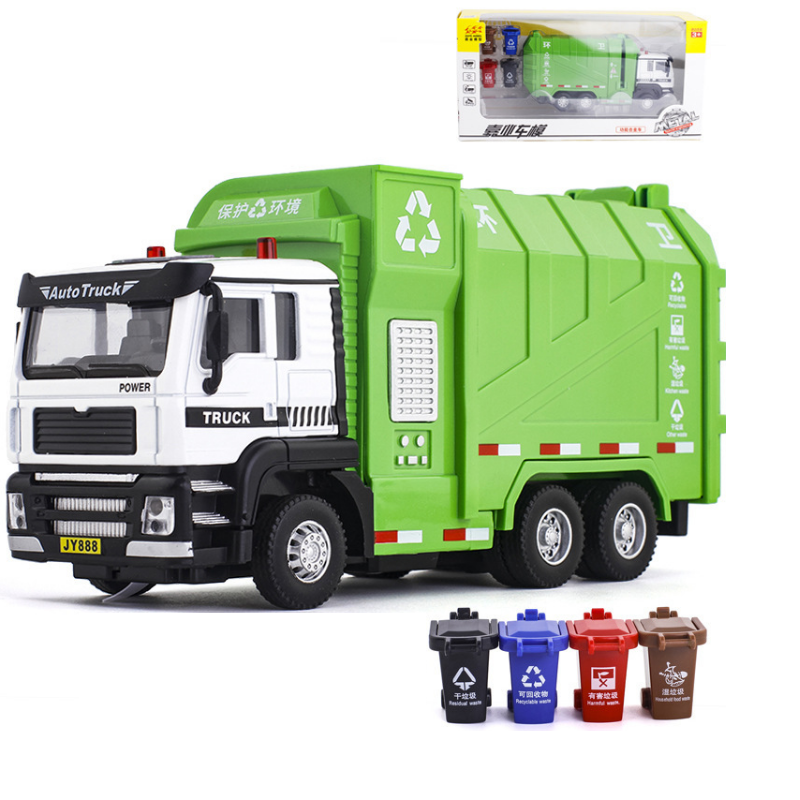 Mô hình xe chở rác có đèn và âm thanh bằng hợp kim nhựa xe đồ chơi trẻ em tỉ lệ 1:50