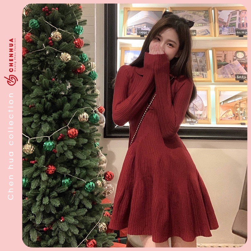 Váy len đỏ nữ ChenHua đầm len noel QC đẹp VT23