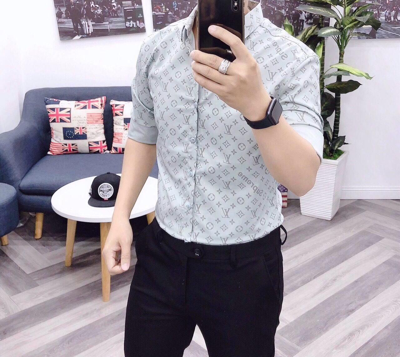 Kman Áo sơ mi quảng châu tay ngắn kate lụa họa tiết cao cấp 68