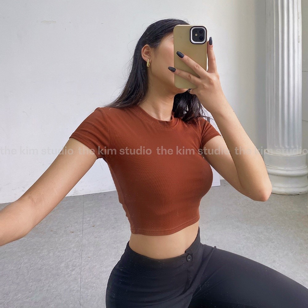 THE KIM A166 Áo thun croptop tay ngắn cổ tròn, áo baby tee thun tăm trơn