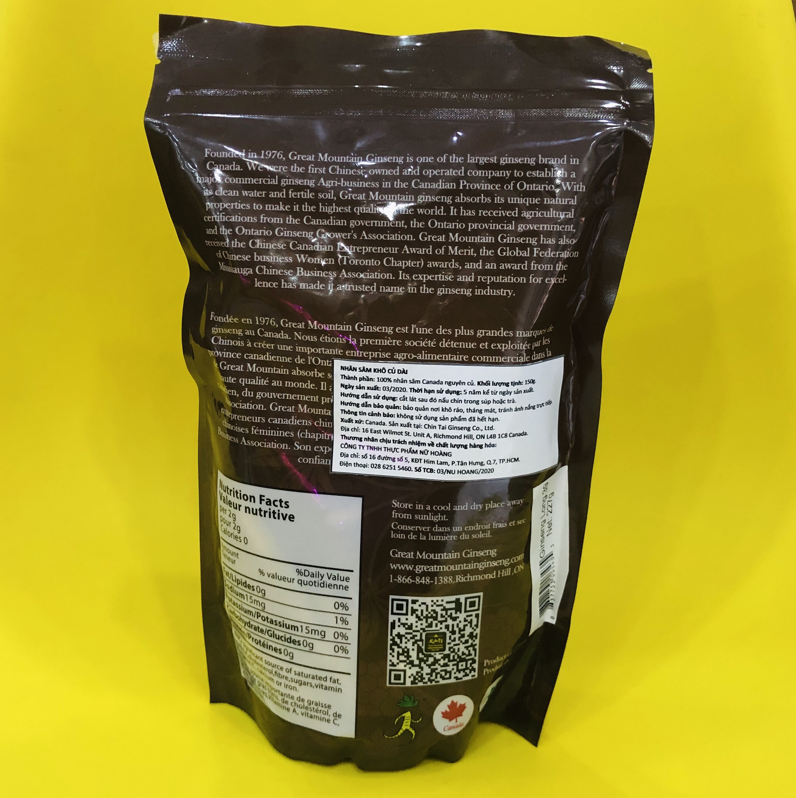 [HCM]Nhân sâm khô củ dài Canada Great Mountain 227gram