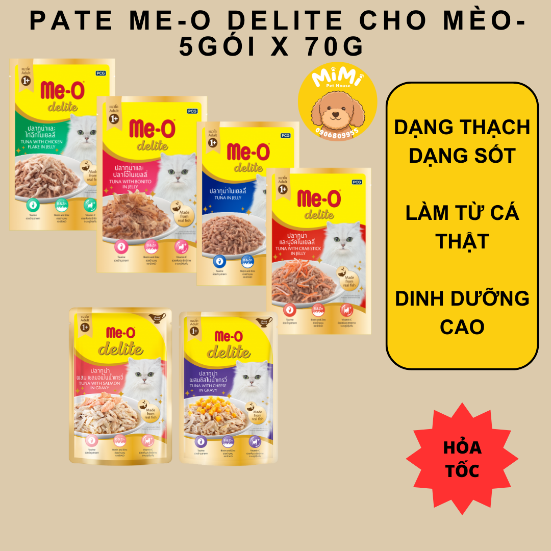 [Date xa] Combo 5 gói Pate Me-O Delite cao cấp cho mèo vị cá ngừ,cua, gà, cá hồi, phô mai (5x70g)