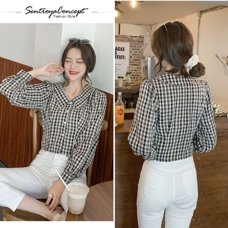 Áo sơ mi nữ croptop cổ bẻ dài tay bồng kẻ caro dáng ngắn lửng chất thô mềm màu đen phong cách hàn quốc trẻ trung ASM11