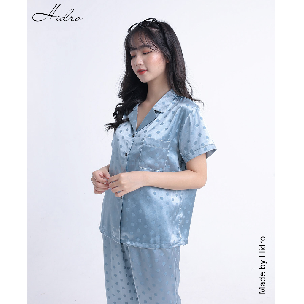 HIDRO Bộ ngủ pijama lụa gấm chấm bi tay cộc quần dài