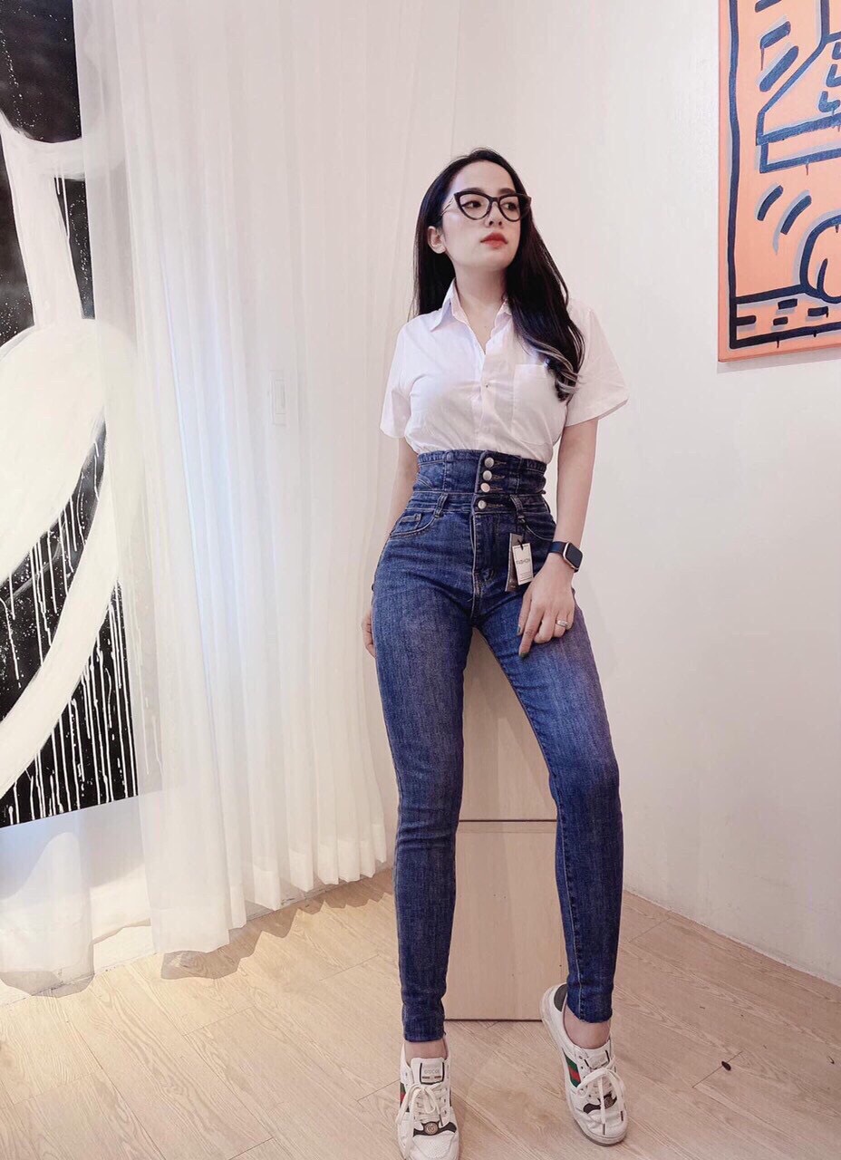 Quần Jean Nữ Lưng Cao Phối 4 Nút Cực Đẹp Thời Trang Cao Cấp Mẫu Mới MoonA QJ75U