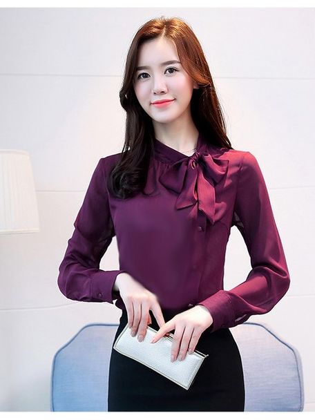 Áo sơ mi thắt nơ lệch cài nút tay dài